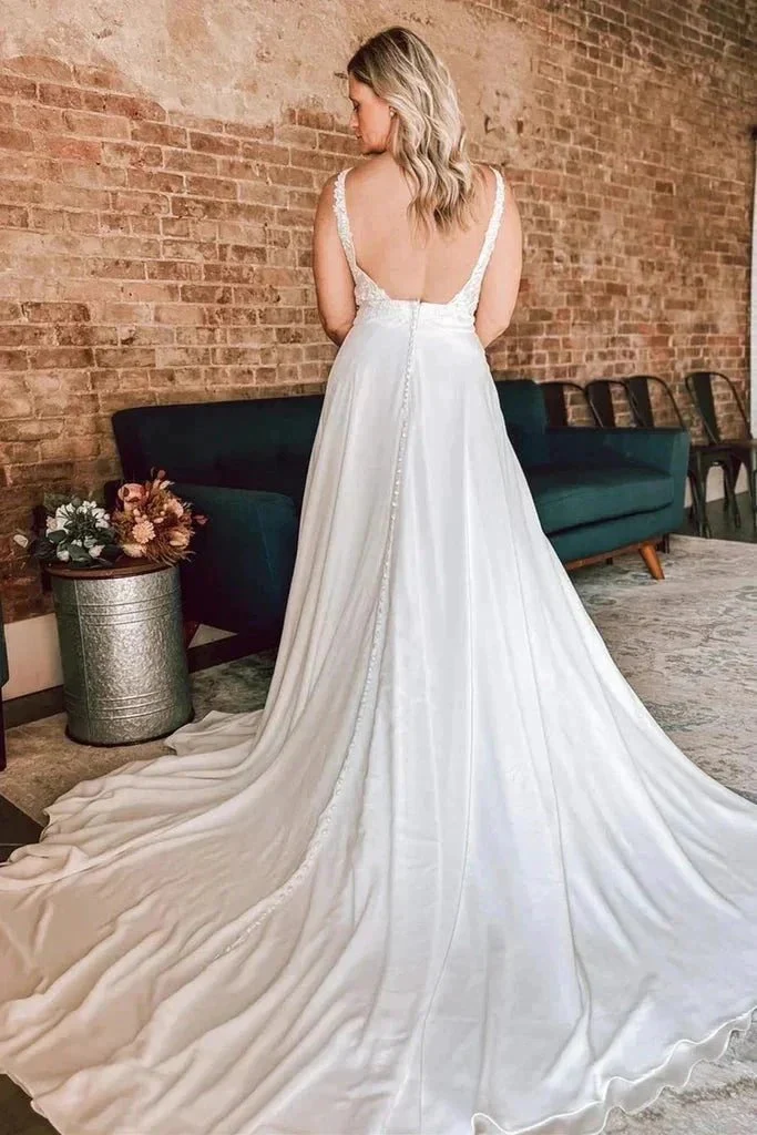 A Line Ivory Floral Lace Open Back Long Wedding Dresses WD686 - Image 4