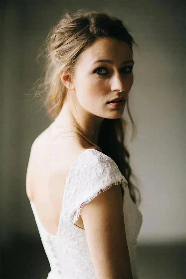 A-Line Ivory Lace Cap Sleeve Vintage Chiffon Wedding Dresses WD069 - Image 2