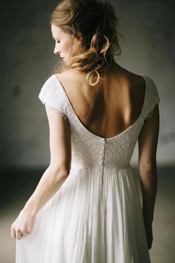 A-Line Ivory Lace Cap Sleeve Vintage Chiffon Wedding Dresses WD069 - Image 3
