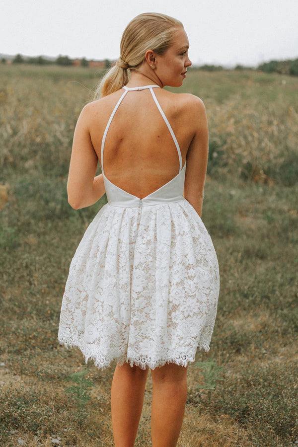 A-Line Ivory Lace Halter Neckline Backless Short Homecoming Dress PD449 - Image 2