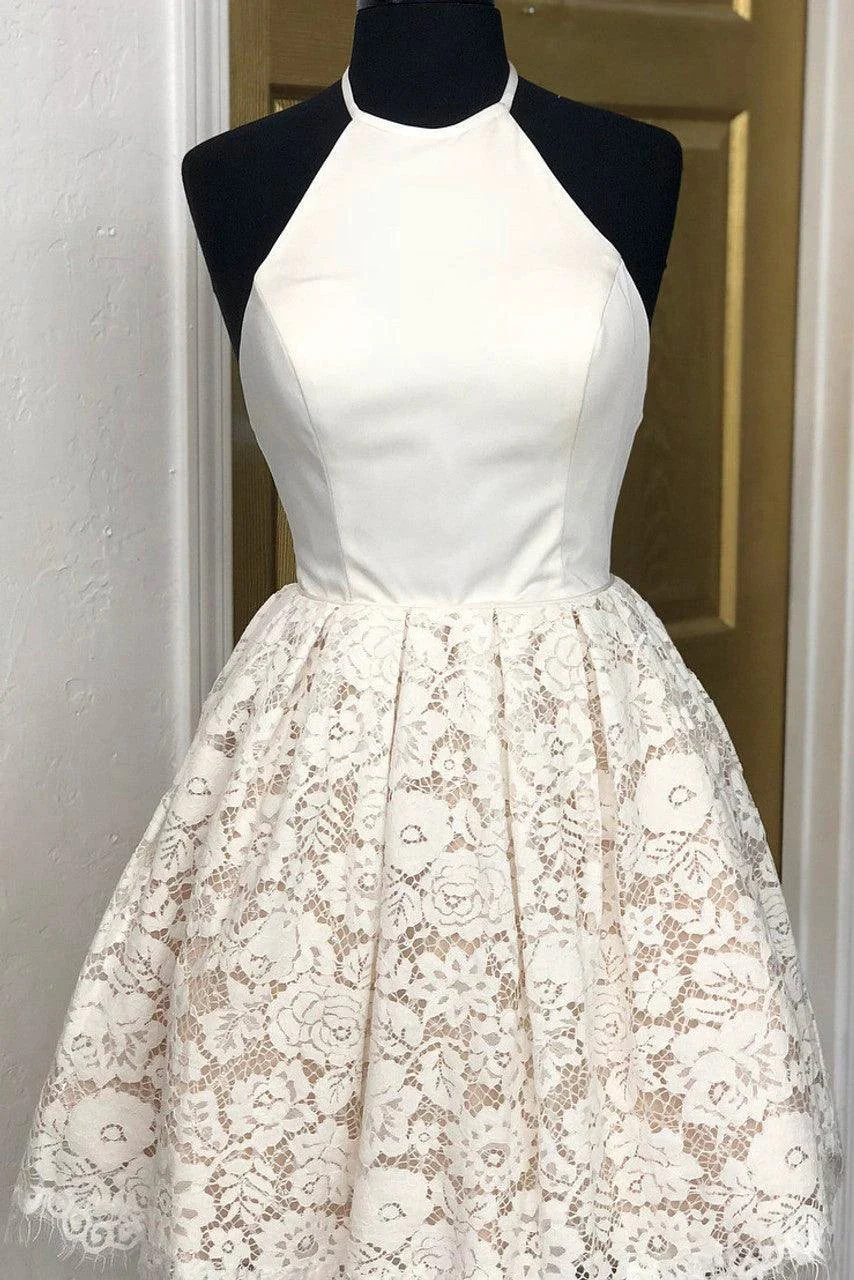 A-Line Ivory Lace Halter Neckline Backless Short Homecoming Dress PD449 - Image 3
