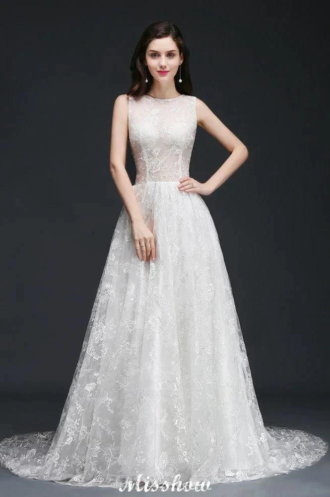 A-line Jewel Court Train Lace Simple Wedding Dresses with Buttons - Image 2