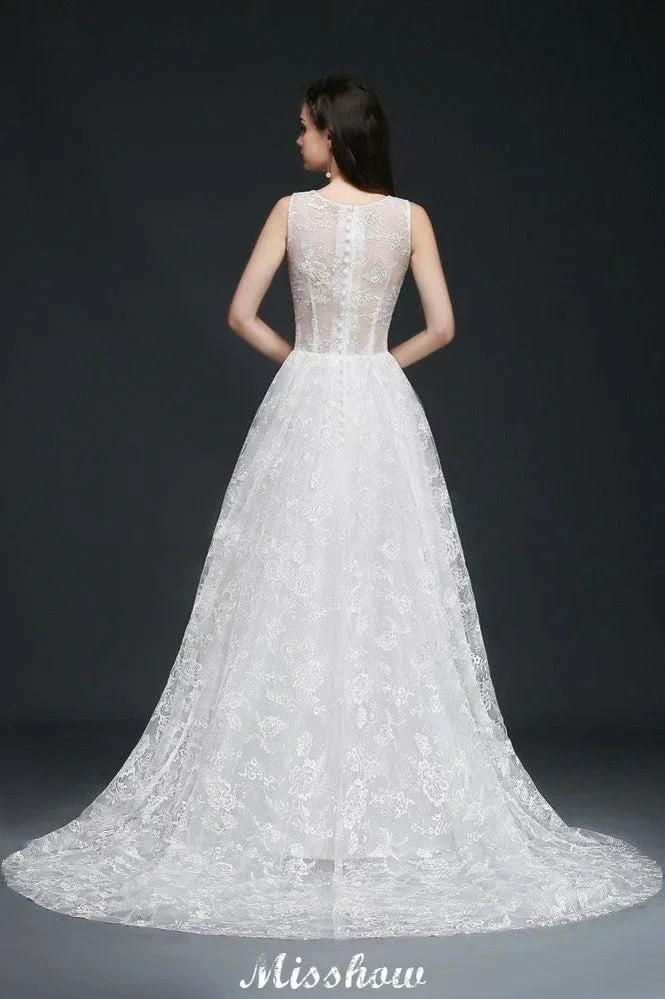 A-line Jewel Court Train Lace Simple Wedding Dresses with Buttons - Image 3
