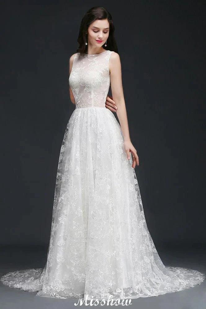 A-line Jewel Court Train Lace Simple Wedding Dresses with Buttons - Image 4