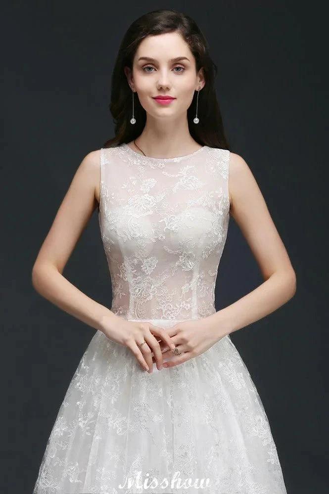 A-line Jewel Court Train Lace Simple Wedding Dresses with Buttons - Image 5