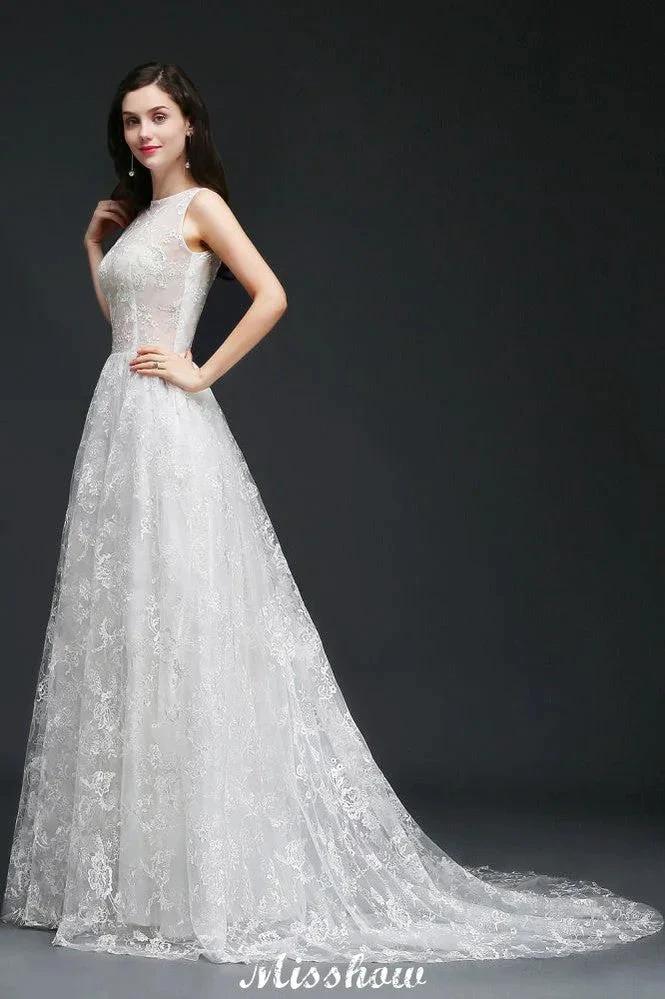 A-line Jewel Court Train Lace Simple Wedding Dresses with Buttons - Image 6