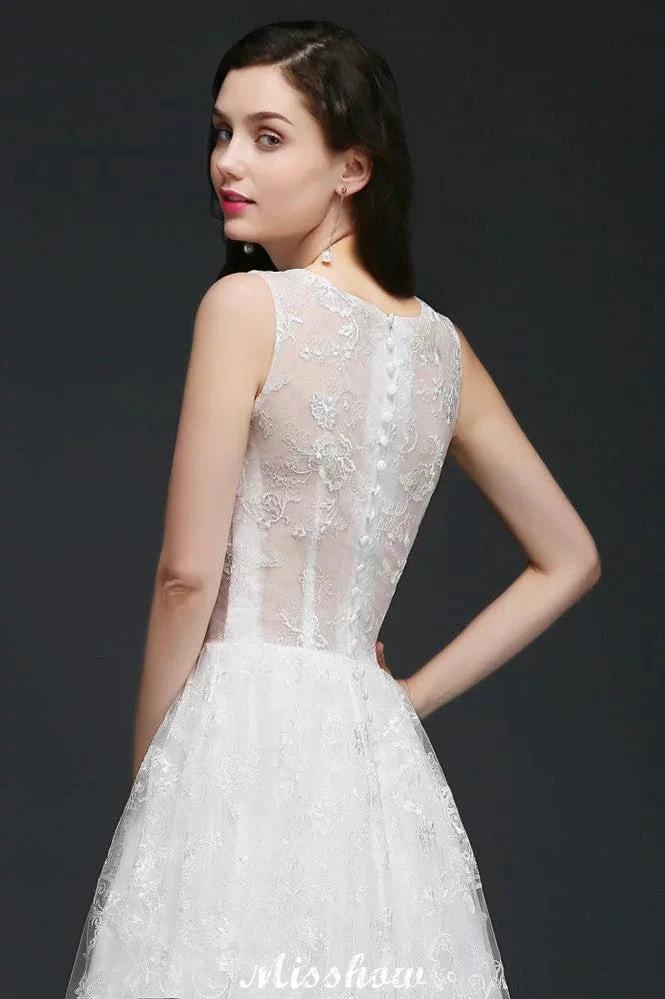 A-line Jewel Court Train Lace Simple Wedding Dresses with Buttons - Image 7
