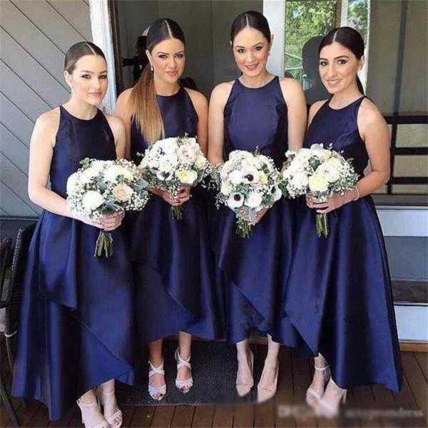 A-Line Jewel Floor-Length Navy Blue Sleeveless Satin Bridesmaid Dress BD054 - Image 2