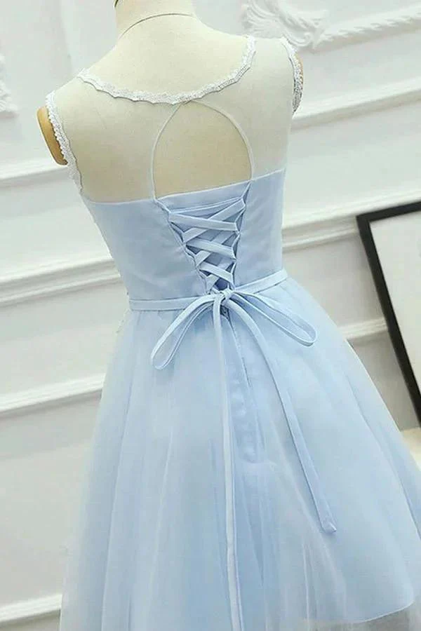 A-Line Jewel Short Blue Tulle Homecoming Dress with Sash Appliques PG121 - Image 2