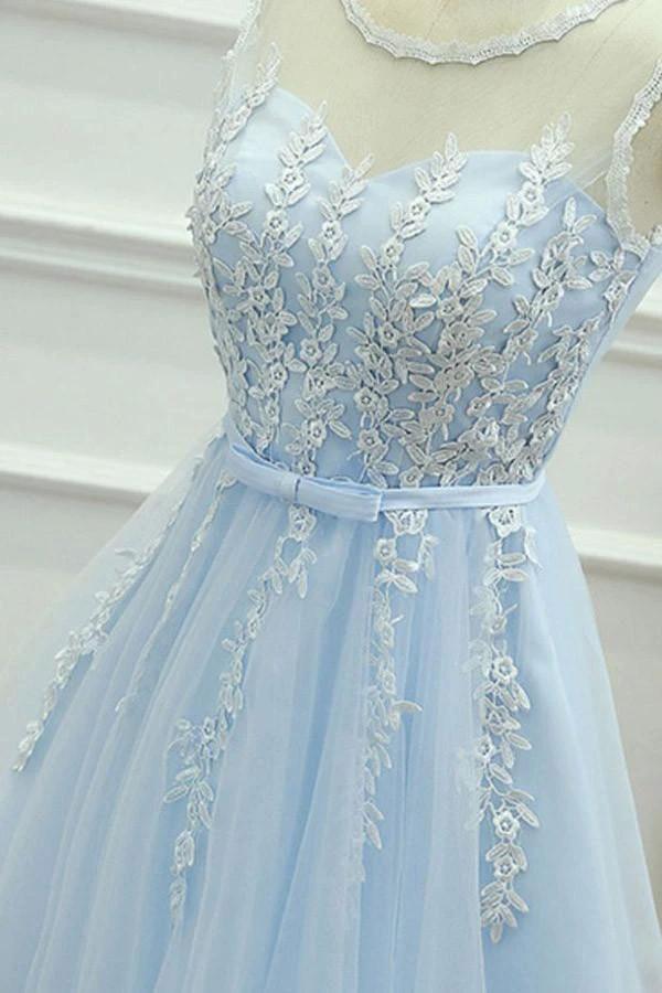 A-Line Jewel Short Blue Tulle Homecoming Dress with Sash Appliques PG121 - Image 3