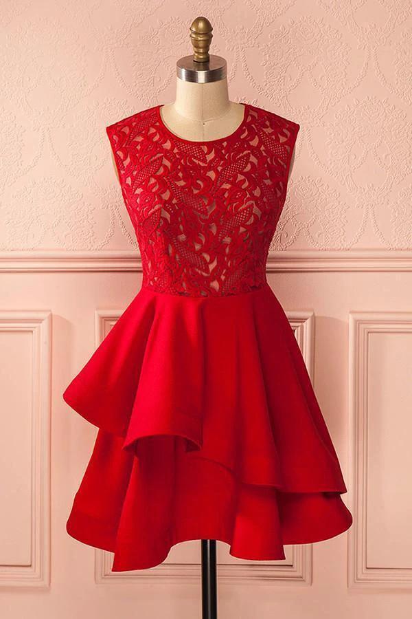 A-Line Jewel Short Red Satin Homecoming Dress with Lace Ruffles PG117 - Image 2