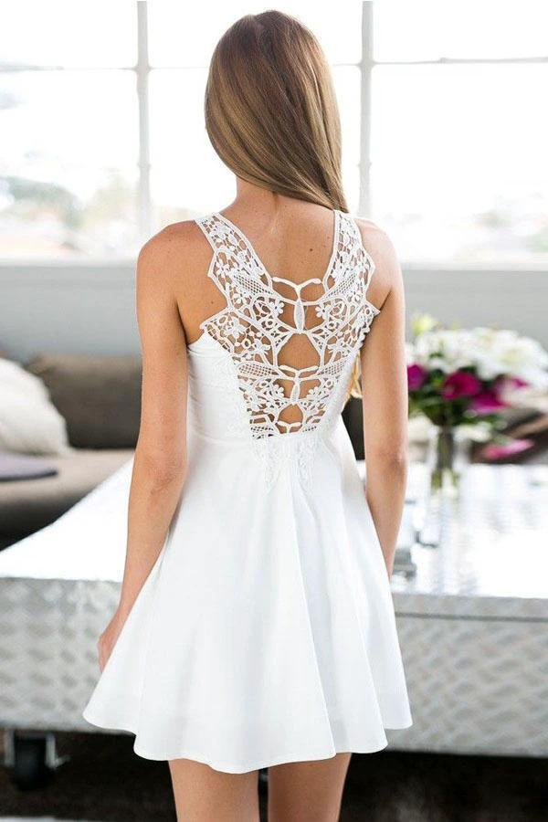 A-Line Jewel Short White Satin Homecoming Dress with Lace PG159 - Image 2