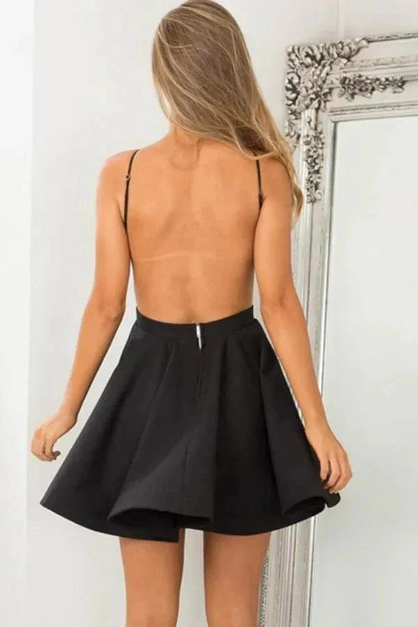 A-Line Jewel Sleeveless Backless Short Black Satin Homecoming Dress PD012 - Image 4