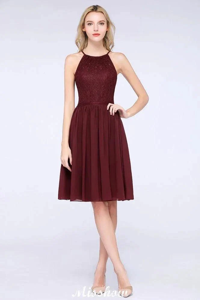 A-line Jewel Sleeveless Knee-Length Bridesmaid Dresses with Ruffle Chiffon Lace Party Dress - Image 2