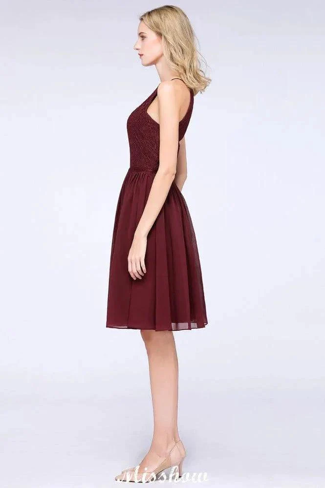 A-line Jewel Sleeveless Knee-Length Bridesmaid Dresses with Ruffle Chiffon Lace Party Dress - Image 4