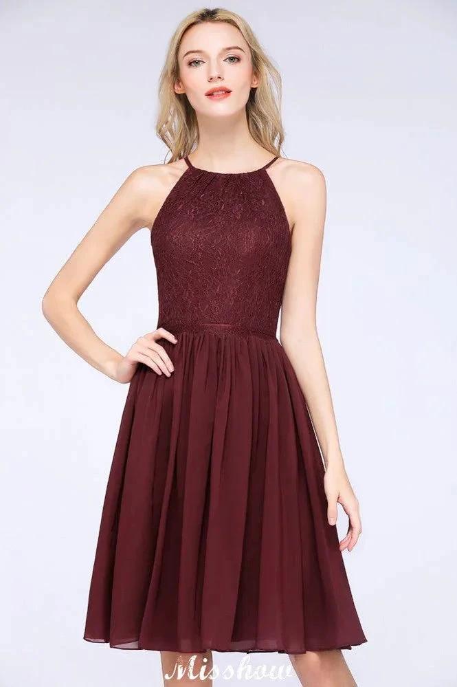 A-line Jewel Sleeveless Knee-Length Bridesmaid Dresses with Ruffle Chiffon Lace Party Dress - Image 5