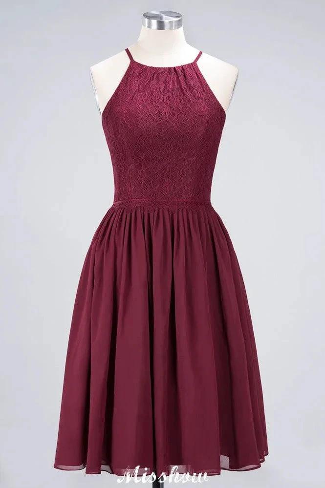 A-line Jewel Sleeveless Knee-Length Bridesmaid Dresses with Ruffle Chiffon Lace Party Dress - Image 9