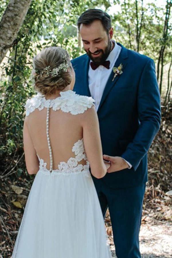 A-Line Jewel Sweep Train White Tulle Wedding Dress with Appliques  WD459 - Image 3