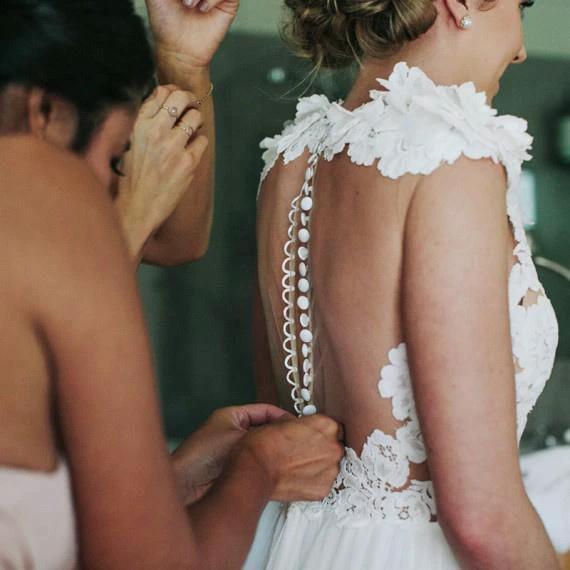 A-Line Jewel Sweep Train White Tulle Wedding Dress with Appliques  WD459 - Image 4