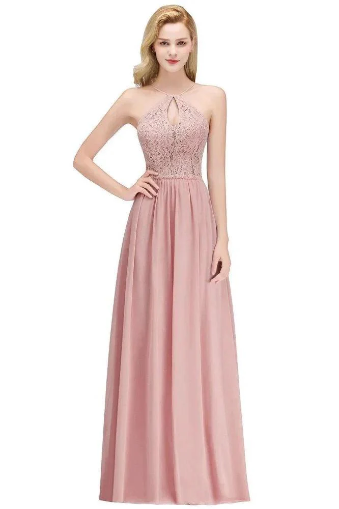 A-line Keyhole Neckline Lace Top Long Spaghetti Bridesmaid Dress - Image 2