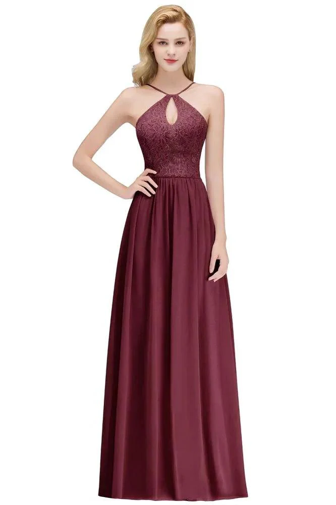 A-line Keyhole Neckline Lace Top Long Spaghetti Bridesmaid Dress - Image 3