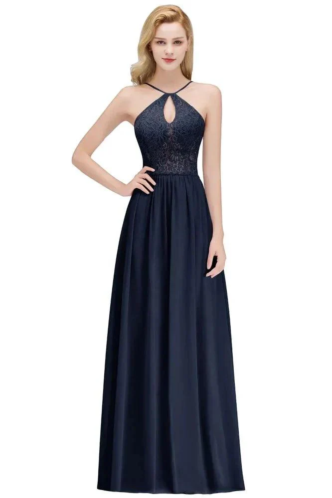 A-line Keyhole Neckline Lace Top Long Spaghetti Bridesmaid Dress - Image 4