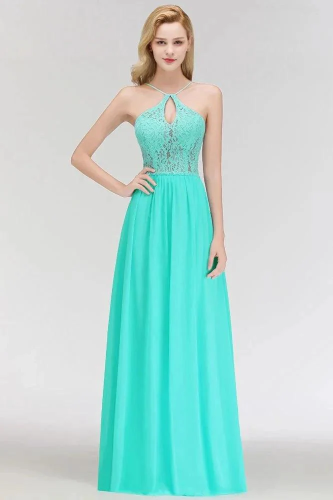 A-line Keyhole Neckline Lace Top Long Spaghetti Bridesmaid Dress - Image 5