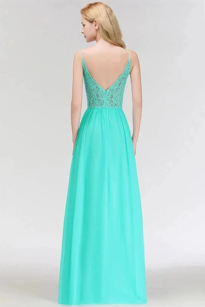 A-line Keyhole Neckline Lace Top Long Spaghetti Bridesmaid Dress - Image 6