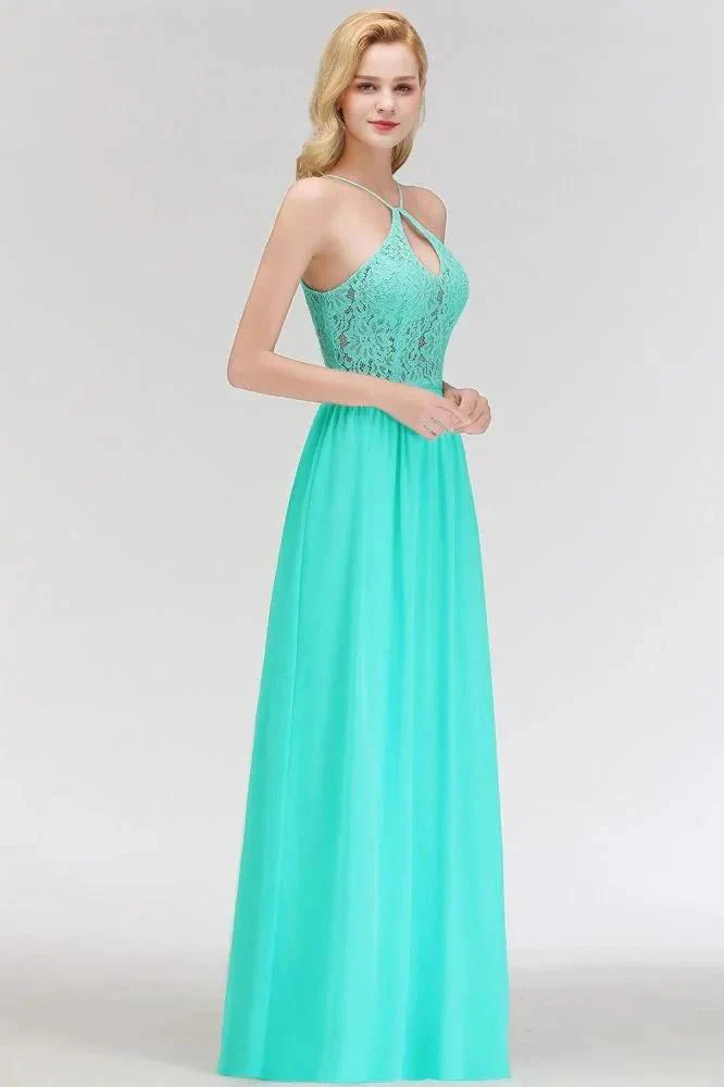 A-line Keyhole Neckline Lace Top Long Spaghetti Bridesmaid Dress - Image 7