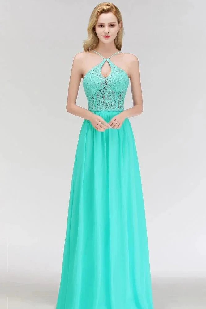 A-line Keyhole Neckline Lace Top Long Spaghetti Bridesmaid Dress - Image 8