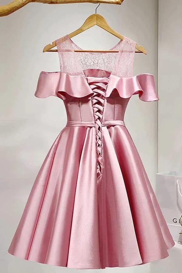 A-Line Knee-Length Cold Shoulder Pink Satin Homecoming Dress With Lace  PD121 - Image 2
