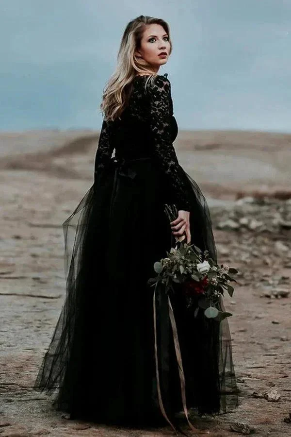 A-Line Lace Appliqued Black Wedding Dress Boho Bridal Gown WD744 - Image 4