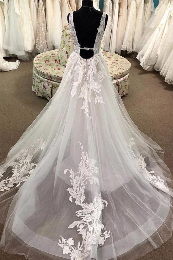 A Line Lace Appliqued Bridal Gown Deep V Neck Court Train Wedding Dress WD465 - Image 2