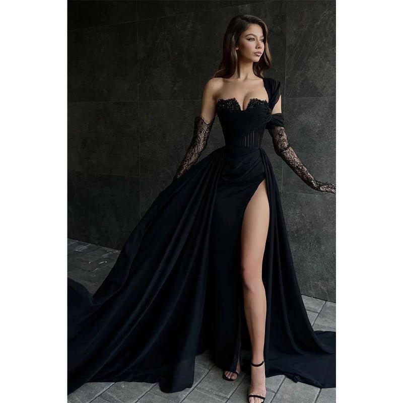A Line Lace Appliques High Split Black Long Prom Formal Dress - Image 2
