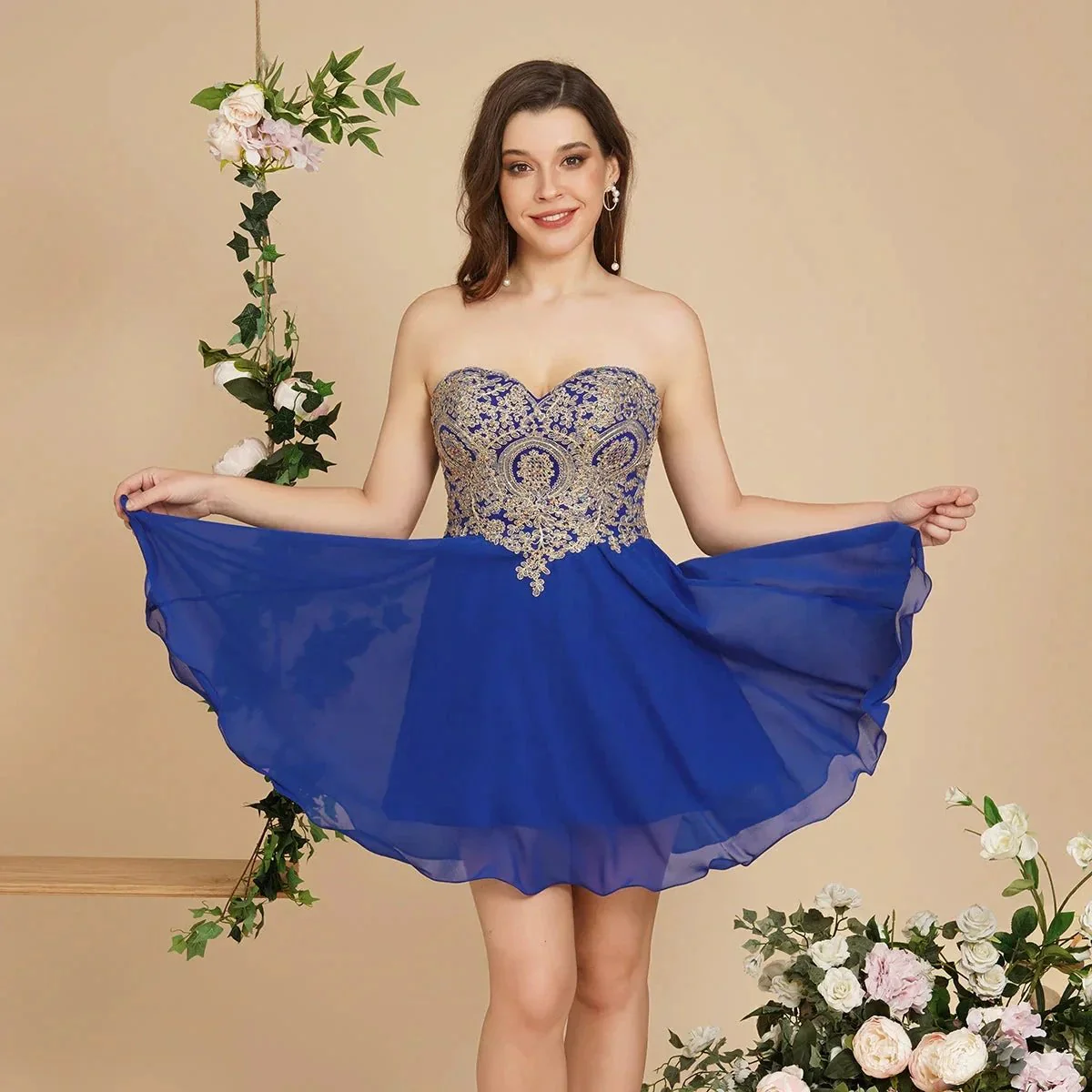 A Line Lace Appliques Sweetheart Short Prom Dresses - Image 4