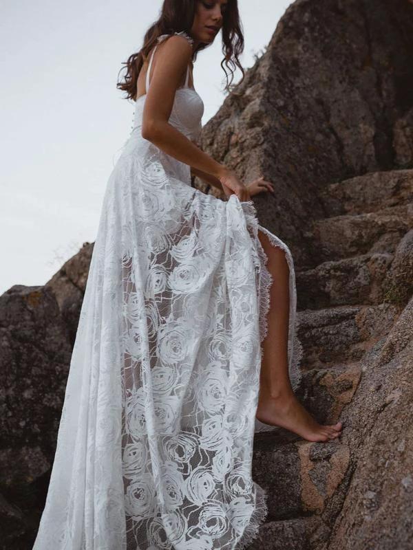 A-Line Lace Backless V-Neck Spaghetti Straps Lace Beach Wedding Dress WD566 - Image 2