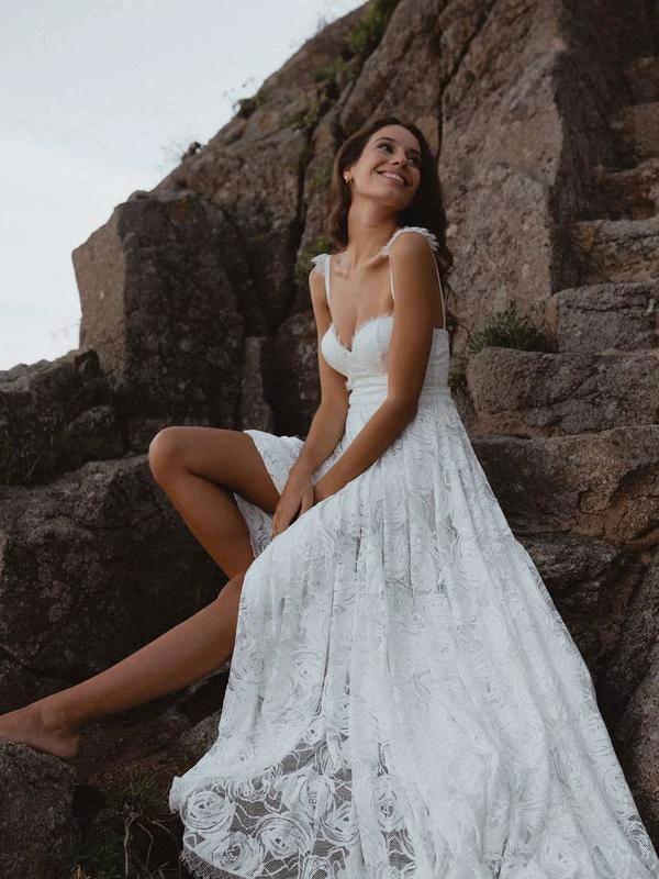A-Line Lace Backless V-Neck Spaghetti Straps Lace Beach Wedding Dress WD566 - Image 3