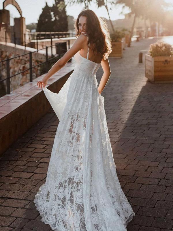 A-Line Lace Backless V-Neck Spaghetti Straps Lace Beach Wedding Dress WD566 - Image 4