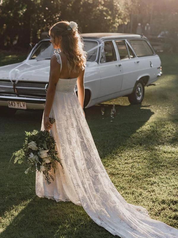 A-Line Lace Backless V-Neck Spaghetti Straps Lace Beach Wedding Dress WD566 - Image 6