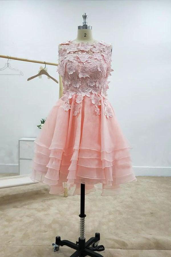 A-line Lace Bateau Neckline Pink Homecoming Dresses With Appliques PD429 - Image 2