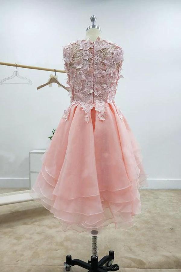 A-line Lace Bateau Neckline Pink Homecoming Dresses With Appliques PD429 - Image 3