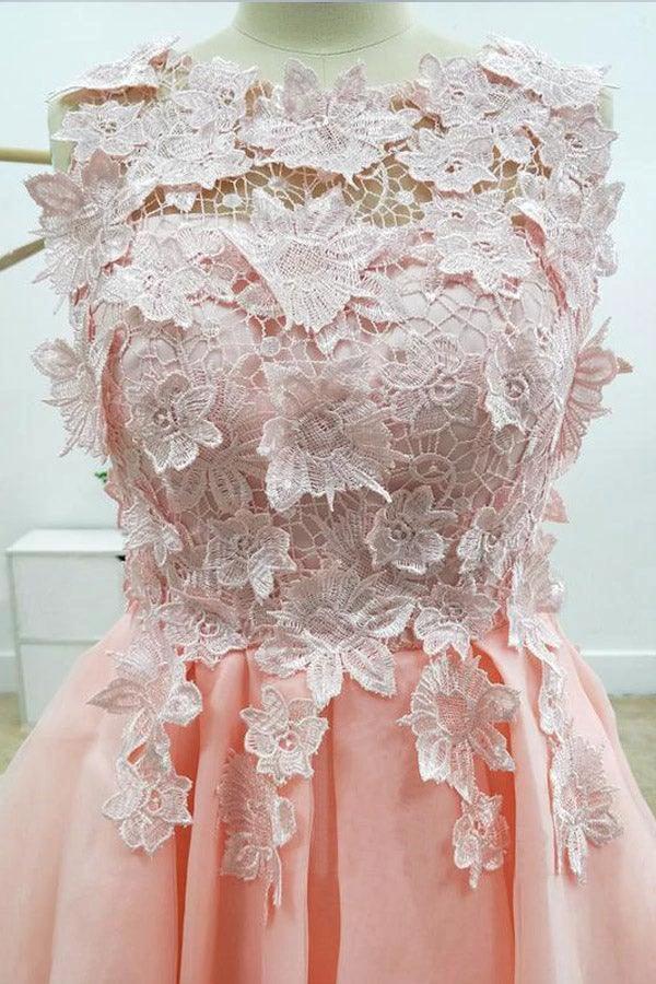 A-line Lace Bateau Neckline Pink Homecoming Dresses With Appliques PD429 - Image 4