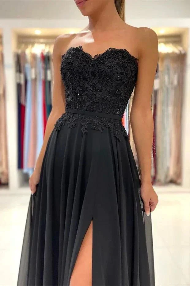 A-line Lace Long Front-Split Prom Dress Off-the-shoulder Evening Dress - Image 2