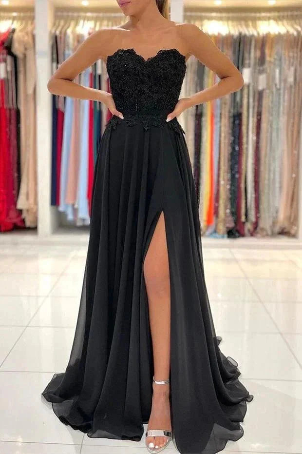 A-line Lace Long Front-Split Prom Dress Off-the-shoulder Evening Dress - Image 3