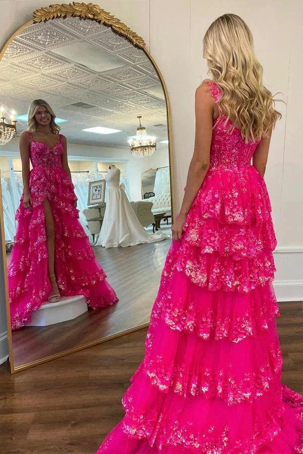 A Line Lace Tiered Stunning Prom Dress Evening Dress With Split PSK456 - Image 2