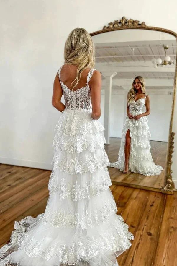 A Line Lace Tiered Stunning Prom Dress Evening Dress With Split PSK456 - Image 4