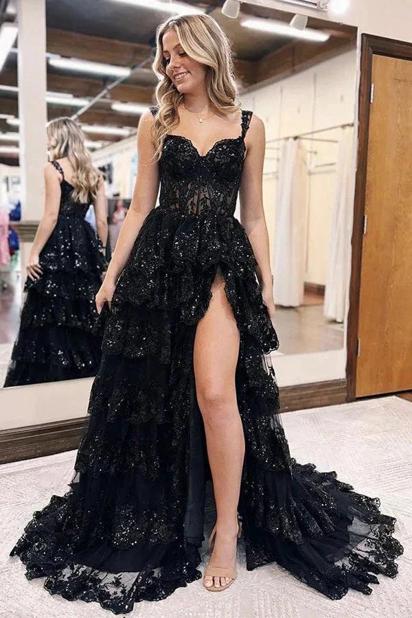A Line Lace Tiered Stunning Prom Dress Evening Dress With Split PSK456 - Image 5