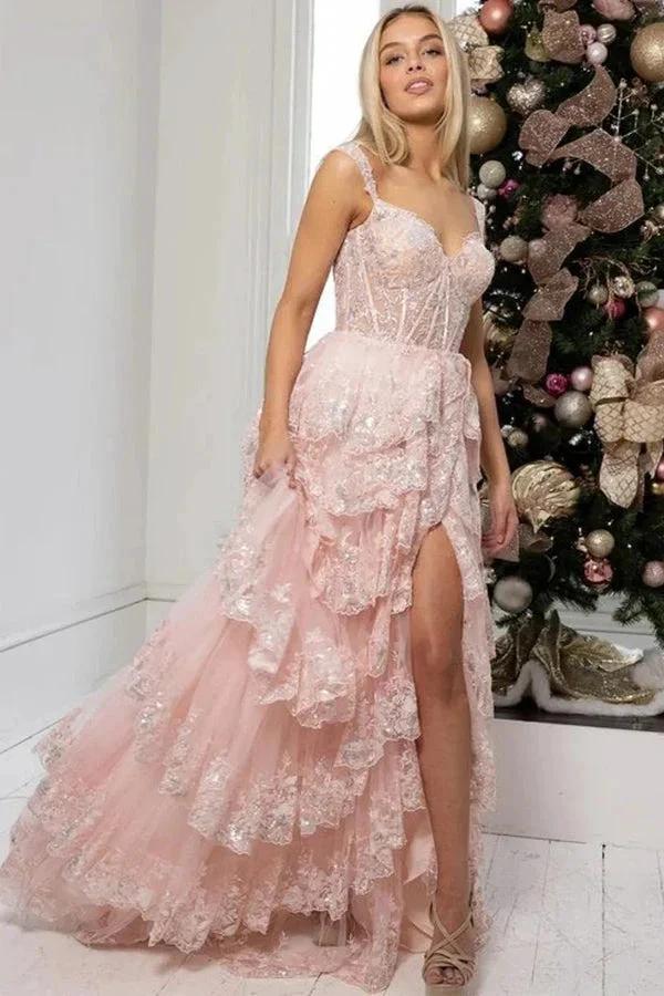 A Line Lace Tiered Stunning Prom Dress Evening Dress With Split PSK456 - Image 6