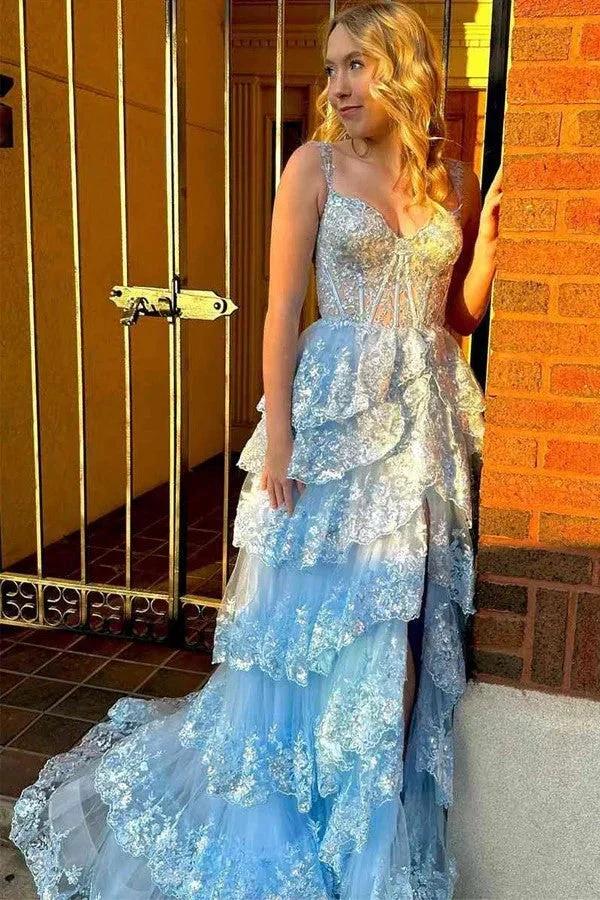 A Line Lace Tiered Stunning Prom Dress Evening Dress With Split PSK456 - Image 8