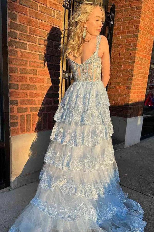 A Line Lace Tiered Stunning Prom Dress Evening Dress With Split PSK456 - Image 9